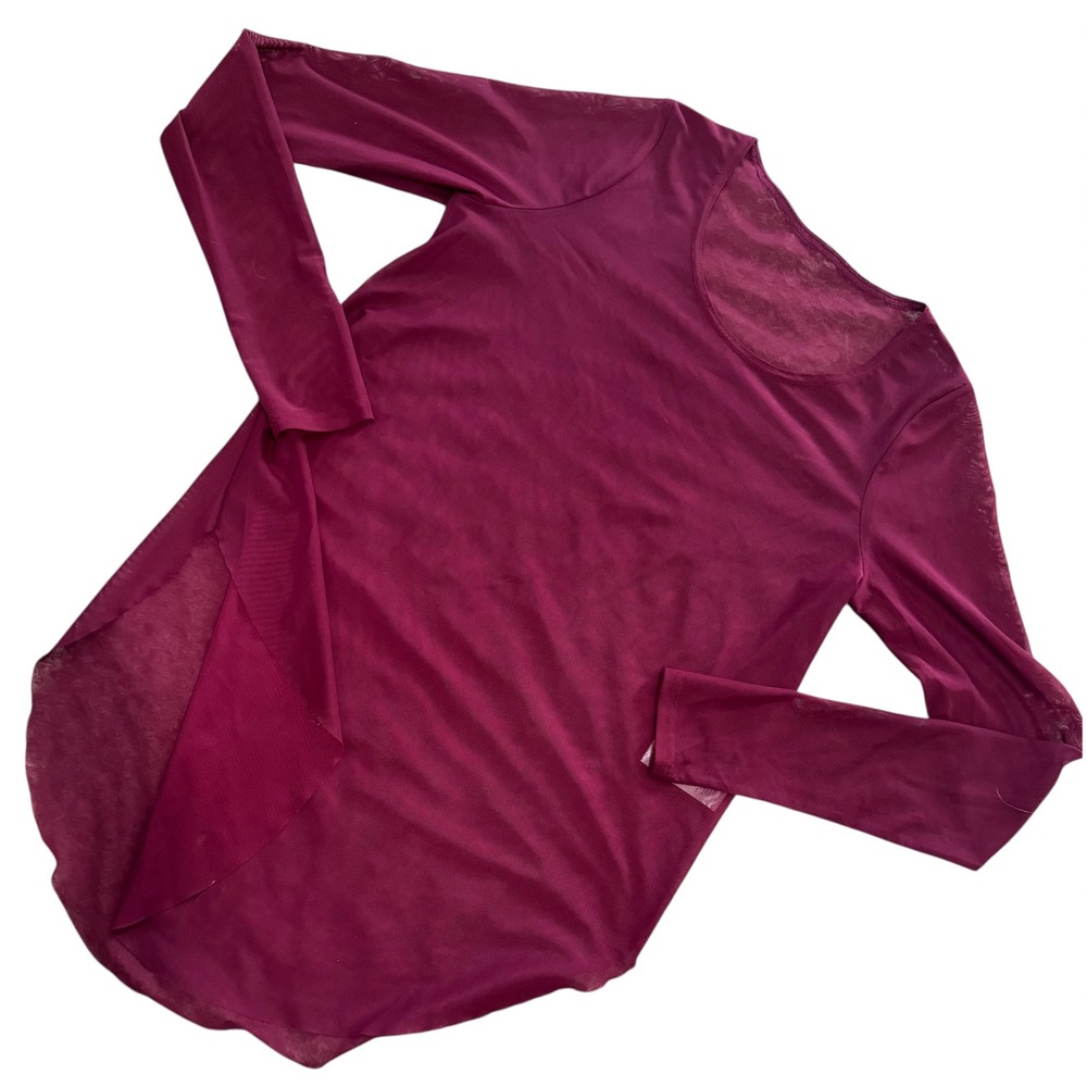 Weissman Burgundy Mesh Slit bottom Asymmetrical Layered Long Sleeve Top Women SA